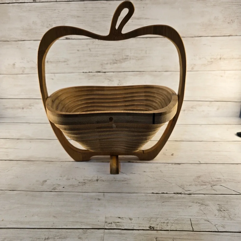 Bonnie & Pop Bamboo Apple Fruit Basket Collapsible Wood Trivet Cutting Board